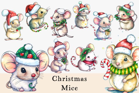 Christmas Watercolor Mouse Cliparts Illustrations