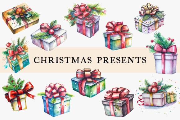 Christmas Watercolor Presents Illustrations