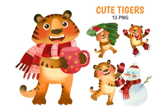 Cute Tigers Christmas Clipart PNG for Illustrations
