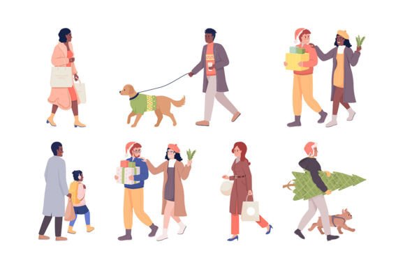People Getting Ready for Christmas Set: Festive Illustrations for Local Brands