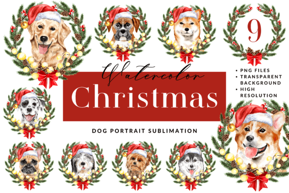 Watercolor Christmas Dog Sublimation Set: Illustrations for Modern Publishing