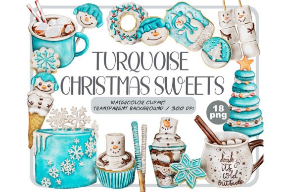 Watercolor Turquoise Christmas Sweets Illustrations Review